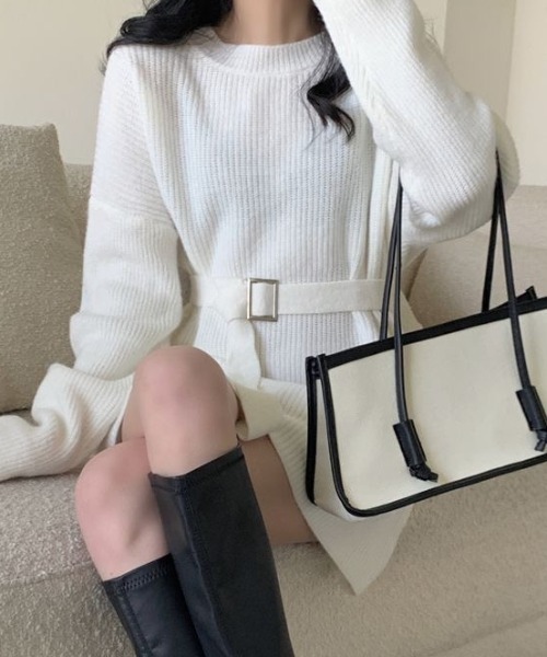 NANEA(ナネア)の「ベルト付きニットプルオーバー(ニット/セーター・レディース・ベージュ/イエロー/ホワイト/ピンク/ブラック/グレー・フリー)」の8枚目の写真