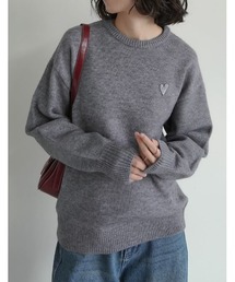 アルパカタッチハートワッペン付きニットトップス