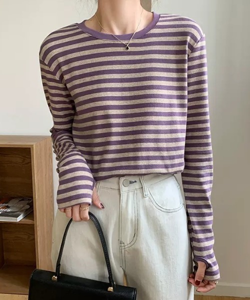 Teem Store(チームストア)の「フィンガーホール ストレッチ ボーダーロンT(Tシャツ/カットソー・レディース・グリーン/パープル/ブラック・M/L)」の3枚目の写真