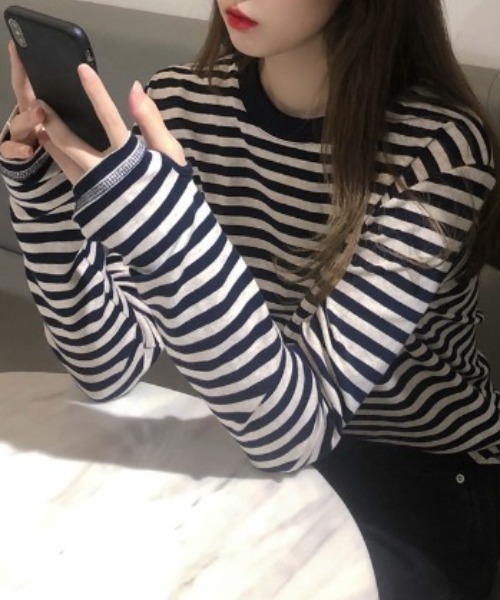 Teem Store(チームストア)の「フィンガーホール ストレッチ ボーダーロンT(Tシャツ/カットソー・レディース・グリーン/パープル/ブラック・M/L)」の2枚目の写真