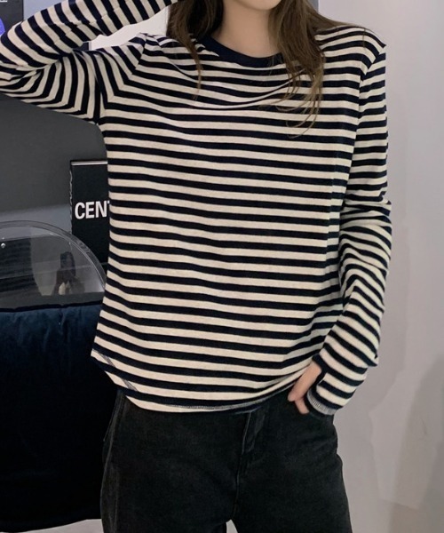 Teem Store(チームストア)の「フィンガーホール ストレッチ ボーダーロンT(Tシャツ/カットソー・レディース・グリーン/パープル/ブラック・M/L)」の7枚目の写真