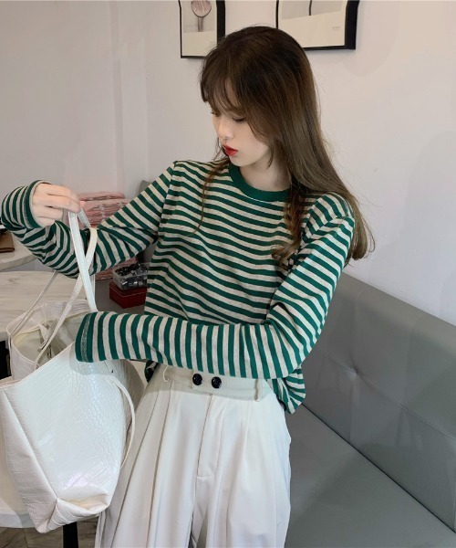 Teem Store(チームストア)の「フィンガーホール ストレッチ ボーダーロンT(Tシャツ/カットソー・レディース・グリーン/パープル/ブラック・M/L)」の12枚目の写真