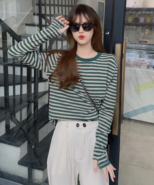 Teem Store(チームストア)の「フィンガーホール ストレッチ ボーダーロンT(Tシャツ/カットソー・レディース・グリーン/パープル/ブラック・M/L)」の10枚目の写真