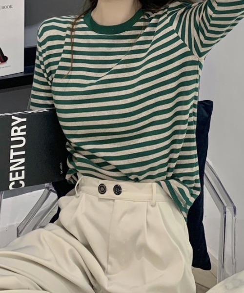 Teem Store(チームストア)の「フィンガーホール ストレッチ ボーダーロンT(Tシャツ/カットソー・レディース・グリーン/パープル/ブラック・M/L)」の11枚目の写真