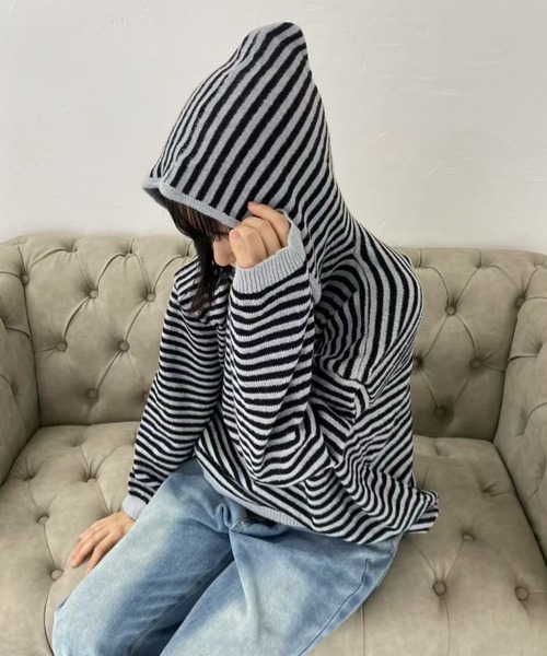 mebole（メボレ）の「フード付きボーダーセーター（ニット/セーター・レディース・ブラック・FREE）」の7枚目の写真