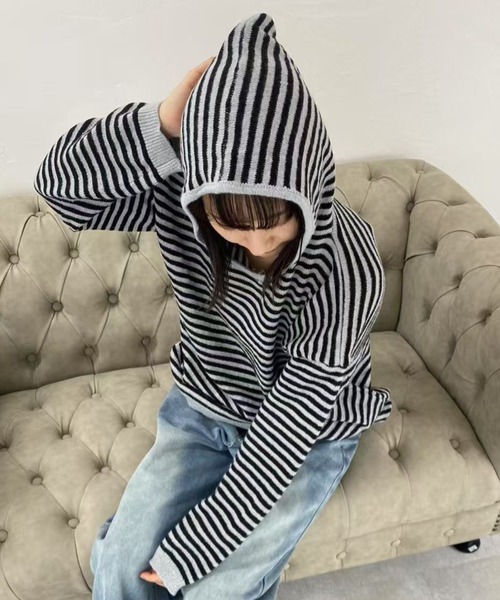 mebole（メボレ）の「フード付きボーダーセーター（ニット/セーター・レディース・ブラック・FREE）」の6枚目の写真
