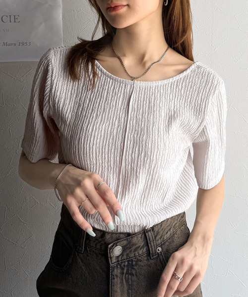 classicalelf(クラシカルエルフ)の「抜け感&二の腕カバーの優等生。前後2wayジャガードトップス(半袖)(Tシャツ/カットソー・レディース・ライトグレー/チャコール/ブラック/アイボリー・LARGE/MEDIUM/SMALL/X-LARGE)」の13枚目の写真