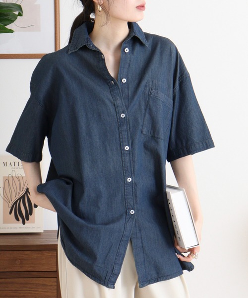 atONE(アットワン)の「オーバーサイズデニムシャツ(シャツ/ブラウス・レディース・ワンウォッシュ/ライトブルー/ネイビー・M-L/4L~5L/LL~3L)」の18枚目の写真