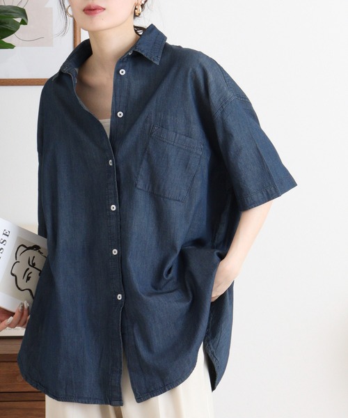 atONE(アットワン)の「オーバーサイズデニムシャツ(シャツ/ブラウス・レディース・ワンウォッシュ/ライトブルー/ネイビー・M-L/4L~5L/LL~3L)」の20枚目の写真