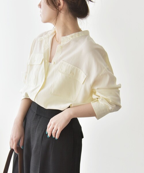 quaranciel(カランシエル)の「quaranciel:〈手洗い可能〉ドレッシー ワーク ポケット シャツ(シャツ/ブラウス・レディース・ナチュラル/ブラウン/ネイビー・ONE SIZE)」の6枚目の写真