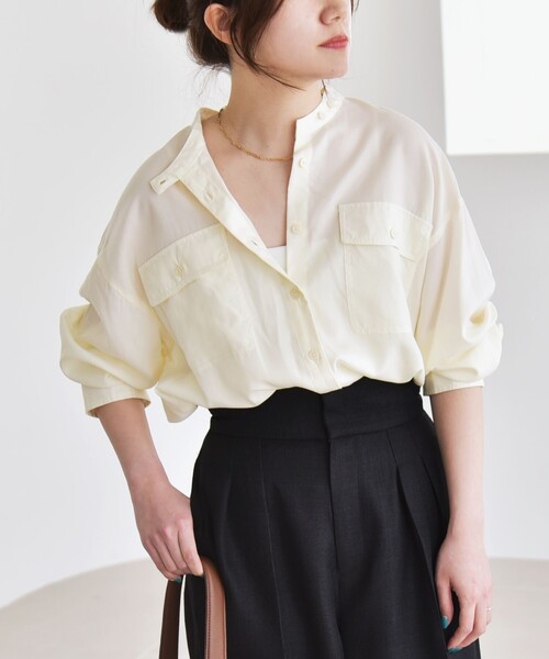 quaranciel(カランシエル)の「quaranciel:〈手洗い可能〉ドレッシー ワーク ポケット シャツ(シャツ/ブラウス・レディース・ナチュラル/ブラウン/ネイビー・ONE SIZE)」の9枚目の写真