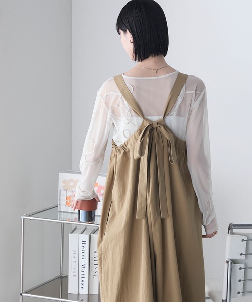 forksy.】ギャザー スーパーワイド バックリボン サロペット