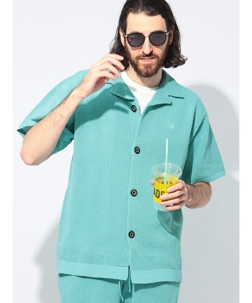 1piu1uguale3 RELAX（ウノピュウノウグァーレトレリラックス）の「1PIU1UGUALE3 RELAX (ウノ ピュ ウノ ウグァーレ トレ リラックス) メッシュニット オープンカラー 半袖 シャツ（シャツ/ブラウス・メンズ・ブラック/サックスブルー・S/M/L/LL）」の9枚目の写真