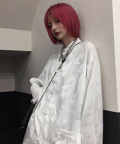 WARAIJOGO(ワライジョウゴ)の「【WARAIJOGO】スタンドカラー総柄チャイナシャツ(NEZ)(シャツ/ブラウス・メンズ・ホワイト/ブラック・FREE)」の6枚目の写真