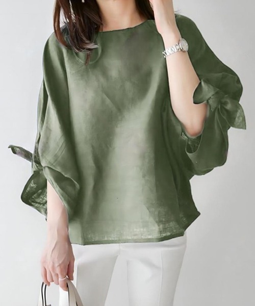 CADBURY（キャドバリー）の「袖ﾘﾎﾞﾝﾌﾟﾙｵｰﾊﾞｰﾄｯﾌﾟｽ（その他トップス・レディース・ネイビー/グリーン・SMALL/MEDIUM/LARGE）」の2枚目の写真