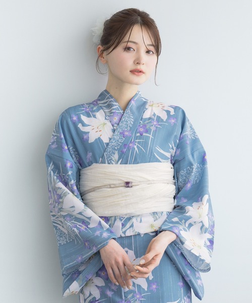 SOUBIEN（ソウビエン）の「“初心者でもプロの着姿”新二部式 セパレート浴衣3点セット（上衣・下衣・おはしょり布＋帯＋伊達締)【SOUBIEN】（浴衣・レディース・ホワイト系その他/ネイビー系/パープル系/グレー系/ブラック系2/ブラック系4/ブラック系/ネイビー系3/ネイビー系2/ブラック系3/その他/ベージュ系その他/グレイッシュベージュ/ブルー系/ホワイト×パープル/ネイビー系5/ネイビー系1/ネイビー系4/ベージュ系/ベージュ系その他2/ダルブルー系/サックスブルー系/ホワイト×ブルー/パープル系1/オレンジ系/ホワイト系/ピンク系・FREE）」の22枚目の写真