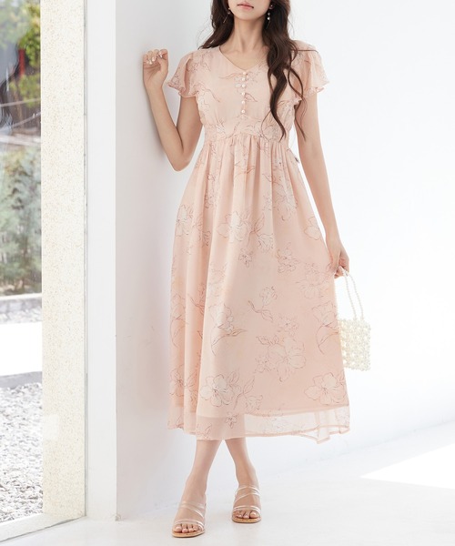 SAISON DE PAPILLON(セゾンドパピヨン)の「ふんわり花柄シフォンロングワンピース(ワンピース・レディース・グレー/オレンジ・L/M/S)」の2枚目の写真