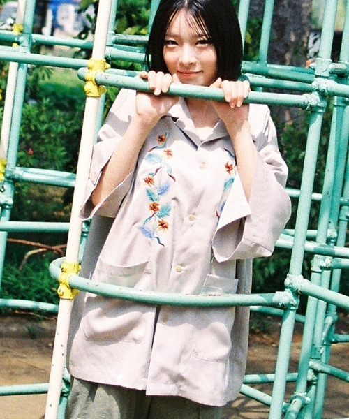 mhs2396- Hibiscus embroidery open collar s-s shirts 開襟シャツ