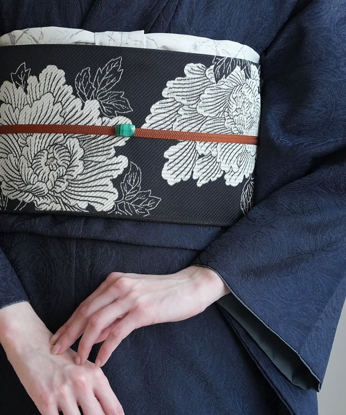 帯単品 小袋帯 utatane 博多織 長尺 正絹 牡丹 ブラック×アイボリー 日本製