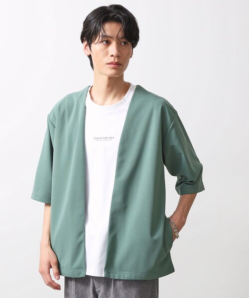 THE SHOP TK （ザ ショップ ティーケー ）の「梨地アンサンブルカーディガン　五分袖カーディガン＋半袖Tシャツセット/マシンウォッシャブル（カーディガン/ボレロ・メンズ・ブラック/ライトブルー/ライトベージュ/グリーン系/ボルドー・04/03/02）」の4枚目の写真