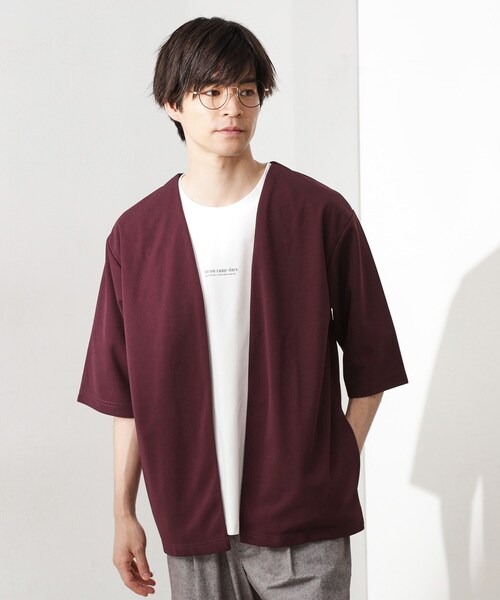 THE SHOP TK （ザ ショップ ティーケー ）の「梨地アンサンブルカーディガン　五分袖カーディガン＋半袖Tシャツセット/マシンウォッシャブル（カーディガン/ボレロ・メンズ・ブラック/ライトブルー/ライトベージュ/グリーン系/ボルドー・04/03/02）」の5枚目の写真