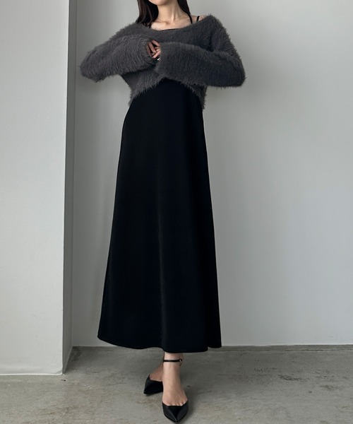 セール】シャギーショートニット＋セミフレアキャミワンピースSET[高