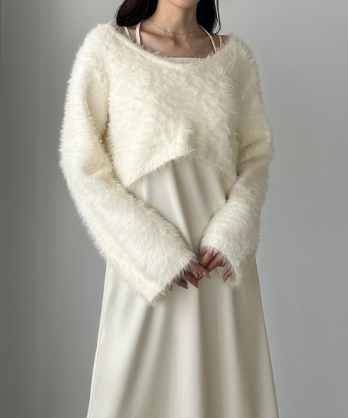 セール】シャギーショートニット＋セミフレアキャミワンピースSET[高