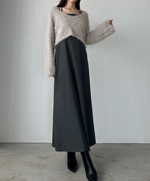 セール】シャギーショートニット＋セミフレアキャミワンピースSET[高