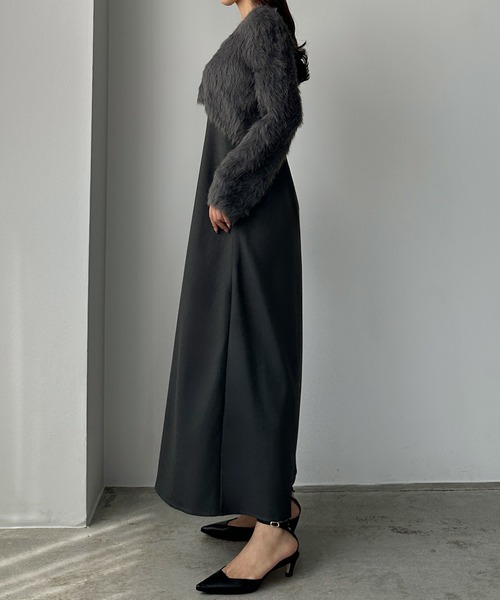 セール】シャギーショートニット＋セミフレアキャミワンピースSET[高