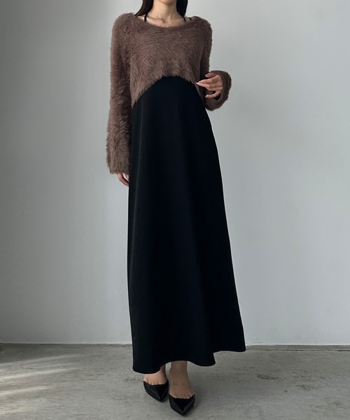 セール】シャギーショートニット＋セミフレアキャミワンピースSET[高