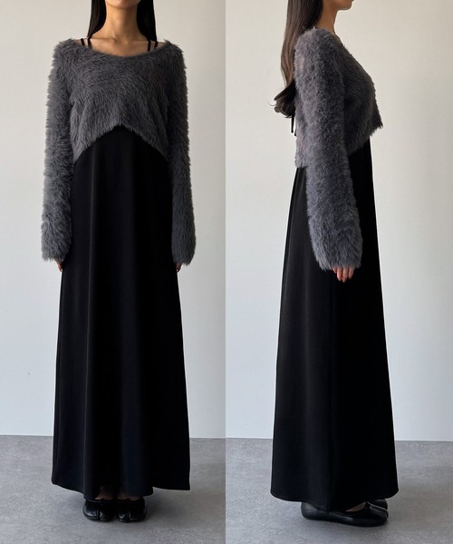 値下げ定価15万円 モスキーノ ドットチュールワンピース セール】シャギーショートニット＋セミフレアキャミワンピース