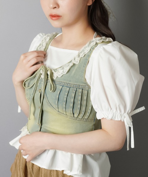 SPINNS(スピンズ)の「ショート丈デニムベスト/レース/NEO森ガール(ベスト・レディース・その他/ブラウン・ONESIZE)」の6枚目の写真