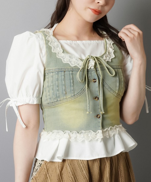 SPINNS(スピンズ)の「ショート丈デニムベスト/レース/NEO森ガール(ベスト・レディース・その他/ブラウン・ONESIZE)」の7枚目の写真