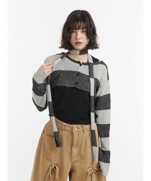 jouetie（ジュエティ）の「ストールセットボーダーショートカーデ（カーディガン/ボレロ・レディース・ブラック/ピンク/ブルー・MEDIUM）」の6枚目の写真