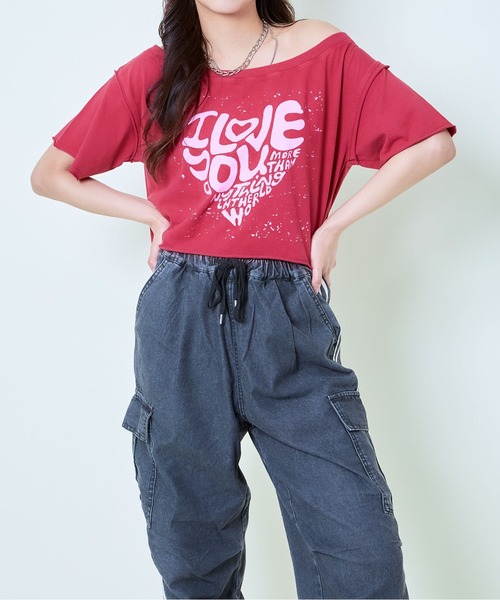 伊◇お薦め”最新ガウディ・ジーンズ◇ハートのロゴ！シフォン袖”黒レーヨンＴシャツ Floral Jacquard High Neck Blouse