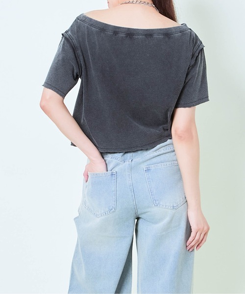 伊◇お薦め”最新ガウディ・ジーンズ◇ハートのロゴ！シフォン袖”黒レーヨンＴシャツ セール】ケミカル加工ハートロゴタンタケTシャツ（Tシャツ