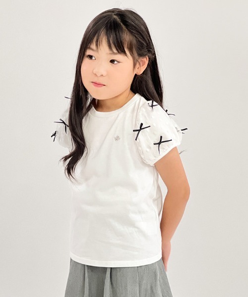 axes femme（アクシーズファム）の「リボンチュール袖Ｔシャツ（Tシャツ/カットソー・キッズ・ホワイト/ブラック・MEDIUM/LARGE/X-LARGE）」の2枚目の写真