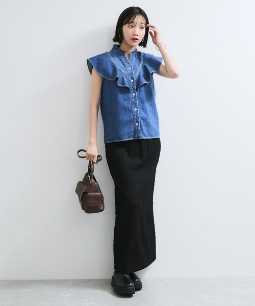 セール】【UVケア/洗える】ラッフルデザインデニムブラウス（シャツ