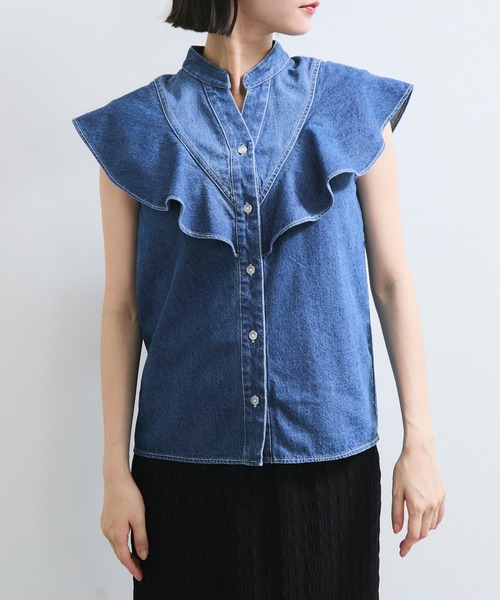 VIS(ビス)の「【UVケア/洗える】ラッフルデザインデニムブラウス(シャツ/ブラウス・レディース・サックスブルー/ブルー系その他4・FREE)」の18枚目の写真