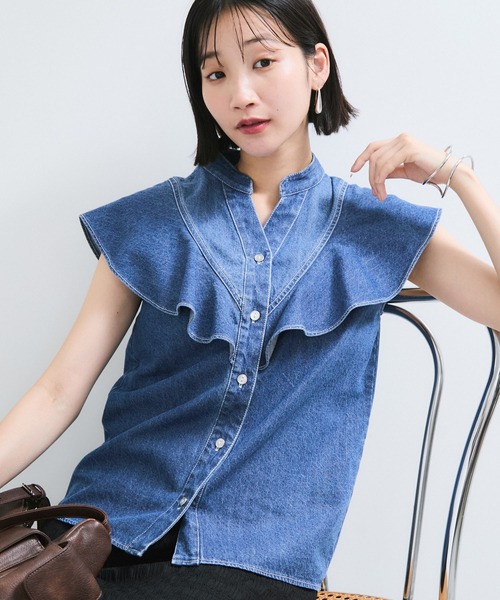 VIS(ビス)の「【UVケア/洗える】ラッフルデザインデニムブラウス(シャツ/ブラウス・レディース・サックスブルー/ブルー系その他4・FREE)」の8枚目の写真