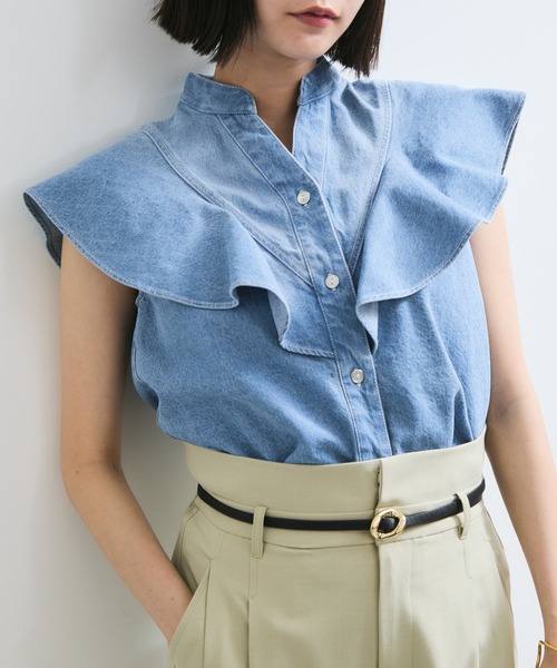 VIS(ビス)の「【UVケア/洗える】ラッフルデザインデニムブラウス(シャツ/ブラウス・レディース・サックスブルー/ブルー系その他4・FREE)」の13枚目の写真