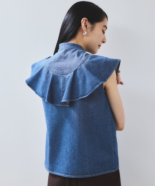 VIS(ビス)の「【UVケア/洗える】ラッフルデザインデニムブラウス(シャツ/ブラウス・レディース・サックスブルー/ブルー系その他4・FREE)」の6枚目の写真