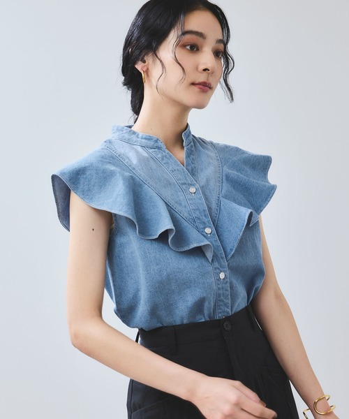 VIS(ビス)の「【UVケア/洗える】ラッフルデザインデニムブラウス(シャツ/ブラウス・レディース・サックスブルー/ブルー系その他4・FREE)」の12枚目の写真