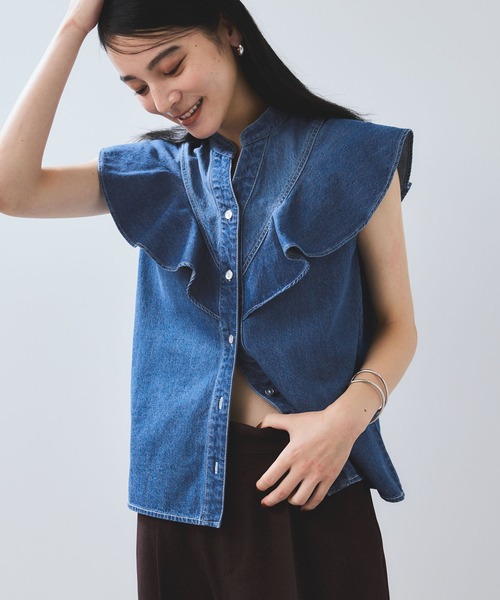 VIS(ビス)の「【UVケア/洗える】ラッフルデザインデニムブラウス(シャツ/ブラウス・レディース・サックスブルー/ブルー系その他4・FREE)」の14枚目の写真