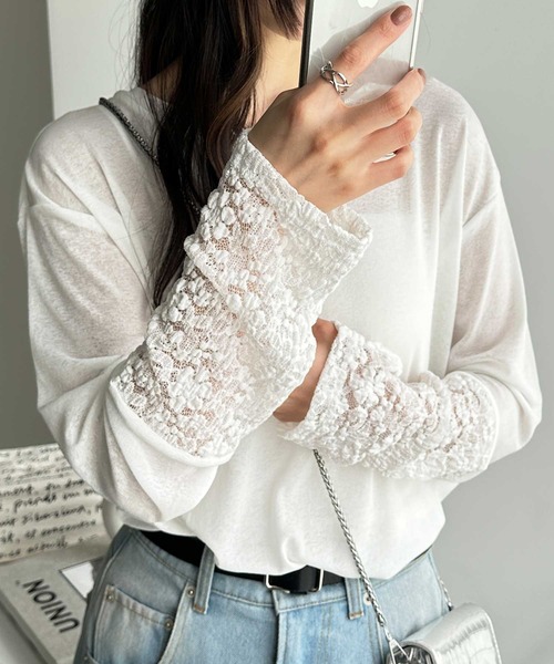 GeeRA（ジーラ）の「袖レーススラブシアーカットソー（Tシャツ/カットソー・レディース・オフホワイト/ブラック・MEDIUM/LARGE/X-LARGE）」の2枚目の写真