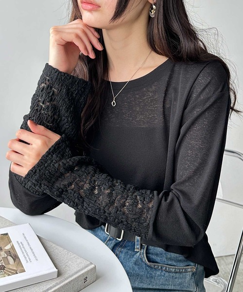 GeeRA（ジーラ）の「袖レーススラブシアーカットソー（Tシャツ/カットソー・レディース・オフホワイト/ブラック・MEDIUM/LARGE/X-LARGE）」の6枚目の写真