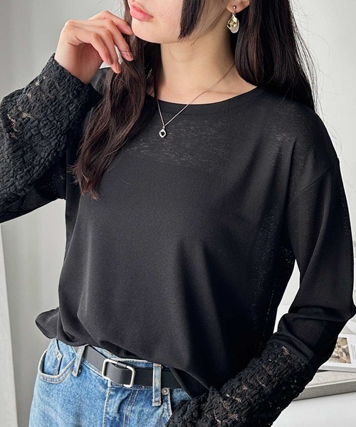 GeeRA（ジーラ）の「袖レーススラブシアーカットソー（Tシャツ/カットソー・レディース・オフホワイト/ブラック・MEDIUM/LARGE/X-LARGE）」の7枚目の写真