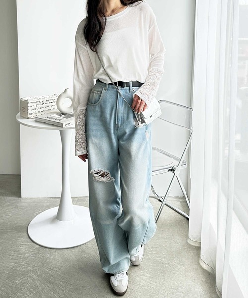 GeeRA（ジーラ）の「袖レーススラブシアーカットソー（Tシャツ/カットソー・レディース・オフホワイト/ブラック・MEDIUM/LARGE/X-LARGE）」の4枚目の写真