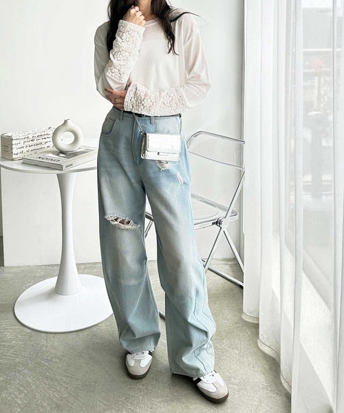 GeeRA（ジーラ）の「袖レーススラブシアーカットソー（Tシャツ/カットソー・レディース・オフホワイト/ブラック・MEDIUM/LARGE/X-LARGE）」の5枚目の写真