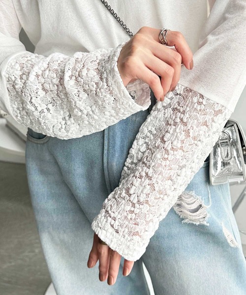 GeeRA（ジーラ）の「袖レーススラブシアーカットソー（Tシャツ/カットソー・レディース・オフホワイト/ブラック・MEDIUM/LARGE/X-LARGE）」の3枚目の写真